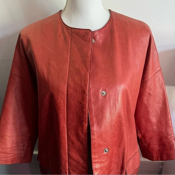 Longchamp • Authentic Red Lamb Leather Button Front Coat - Picture 2 of 11
